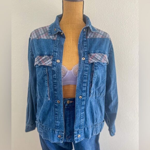 Vintage Jackets & Blazers - 80s Vintage Pacific Express Denim Plaid Patchwork Jacket 100% Cotton